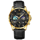 Gold, Black Dial, Black Leather